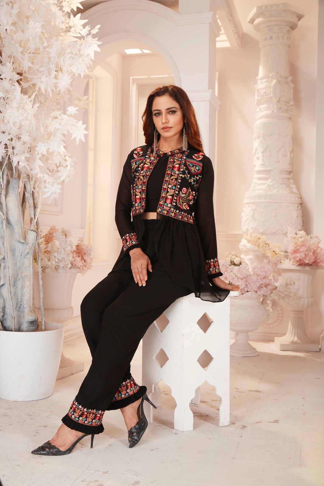 Hypnotic Black Color Party Wear Georgette Embroidered Work Indo Western