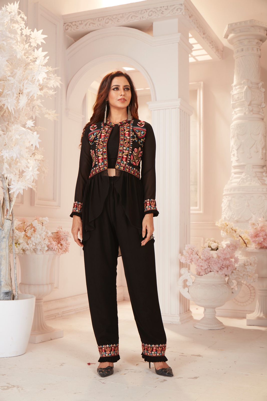 Hypnotic Black Color Party Wear Georgette Embroidered Work Indo Western