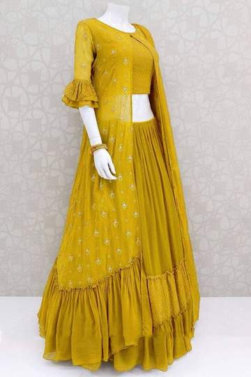 Remarkable Mustard Color Festival Wear Georgette Embroidered Work Indo Western Suit