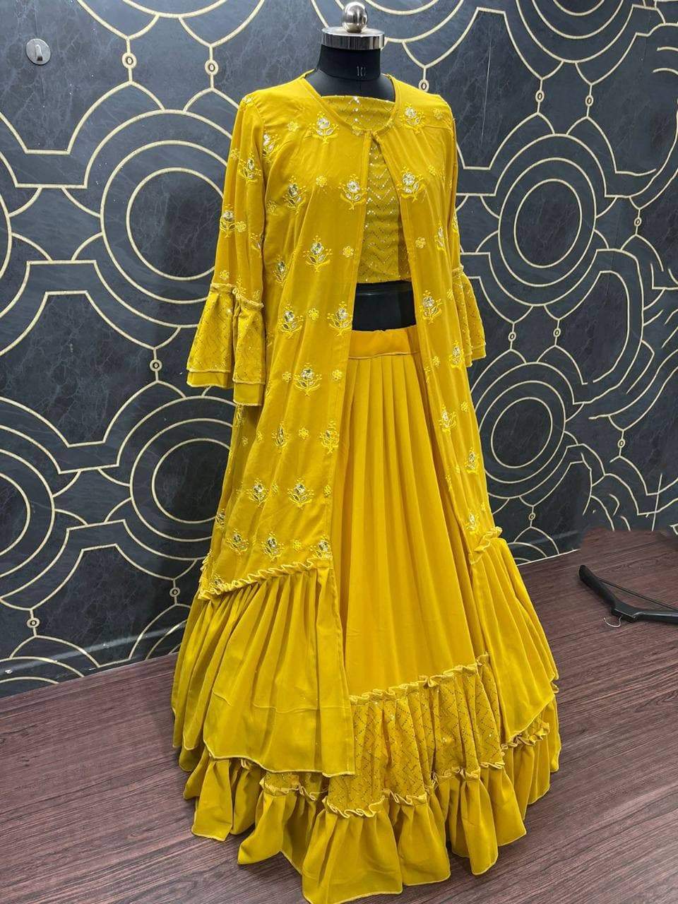Remarkable Mustard Color Festival Wear Georgette Embroidered Work Indo Western Suit