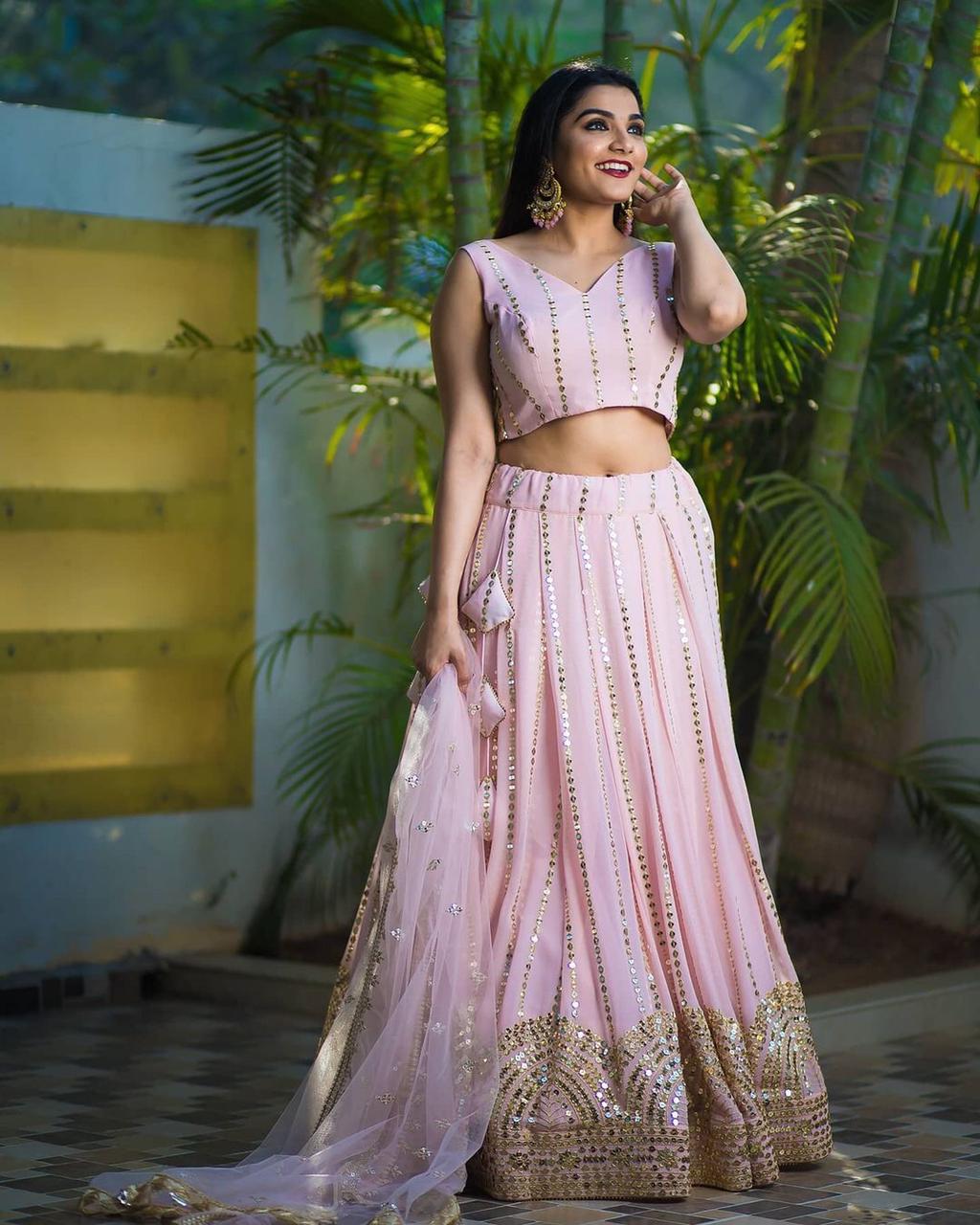 Refreshing Baby Pink Color Georgette Sequence Embroidered Work Lehenga Choli For Women