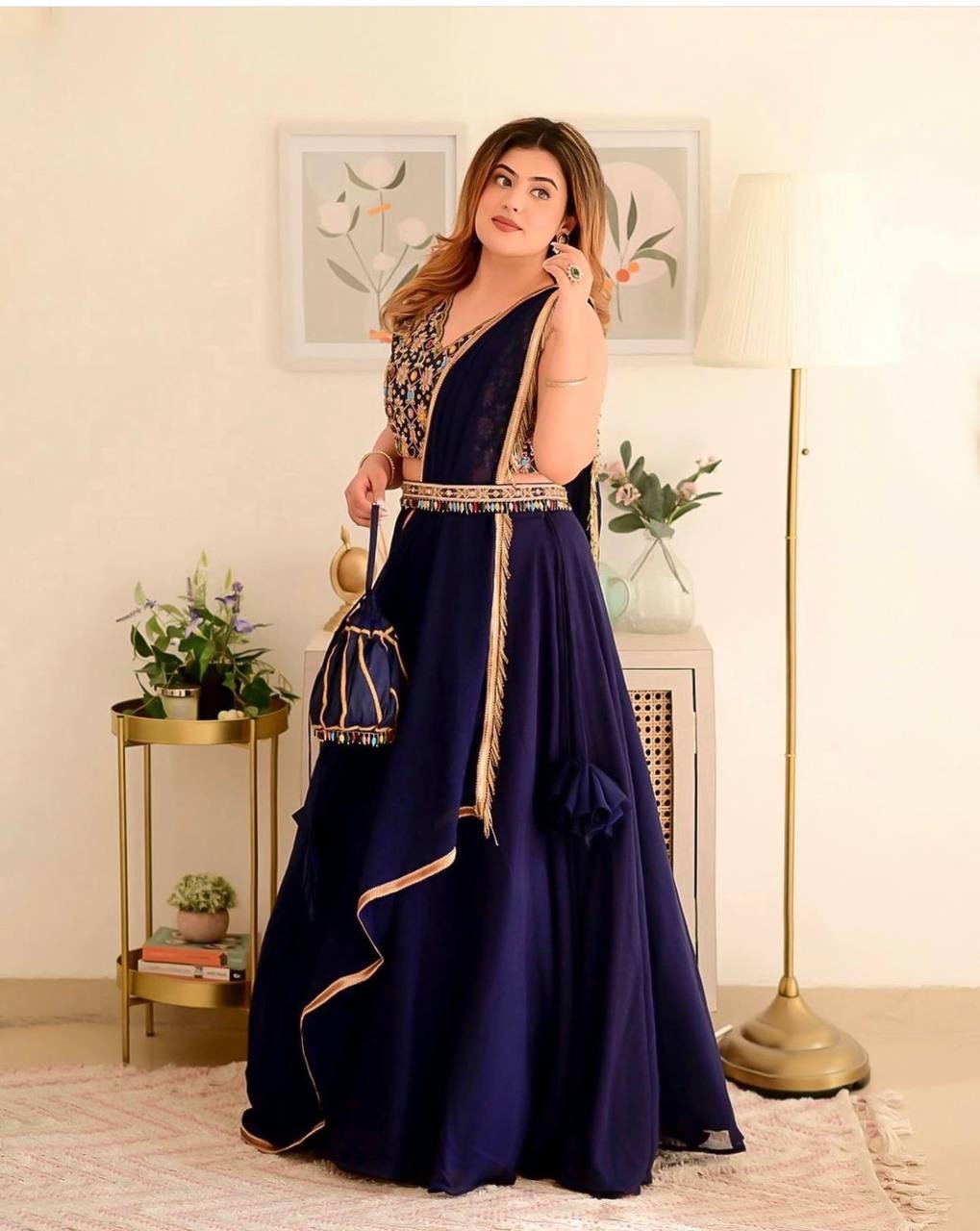 Striking Blue Color Festive Wear Georgette Designer Embroidered Work Lehenga Choli