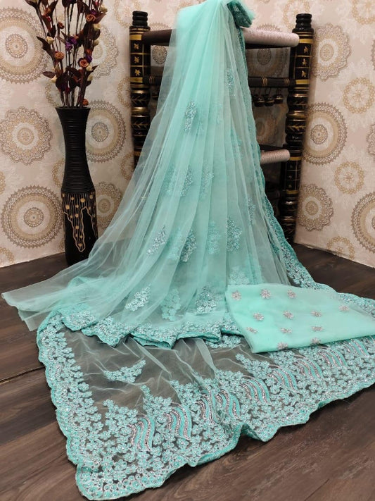 Good-looking Light Rama Nylon Net Embroidered Designer Work Saree Blouse