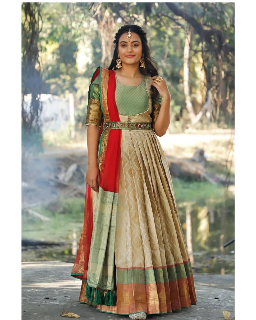 Charming Green Color Wedding Wear Banarasi Silk Zari Work Dupatta Gown