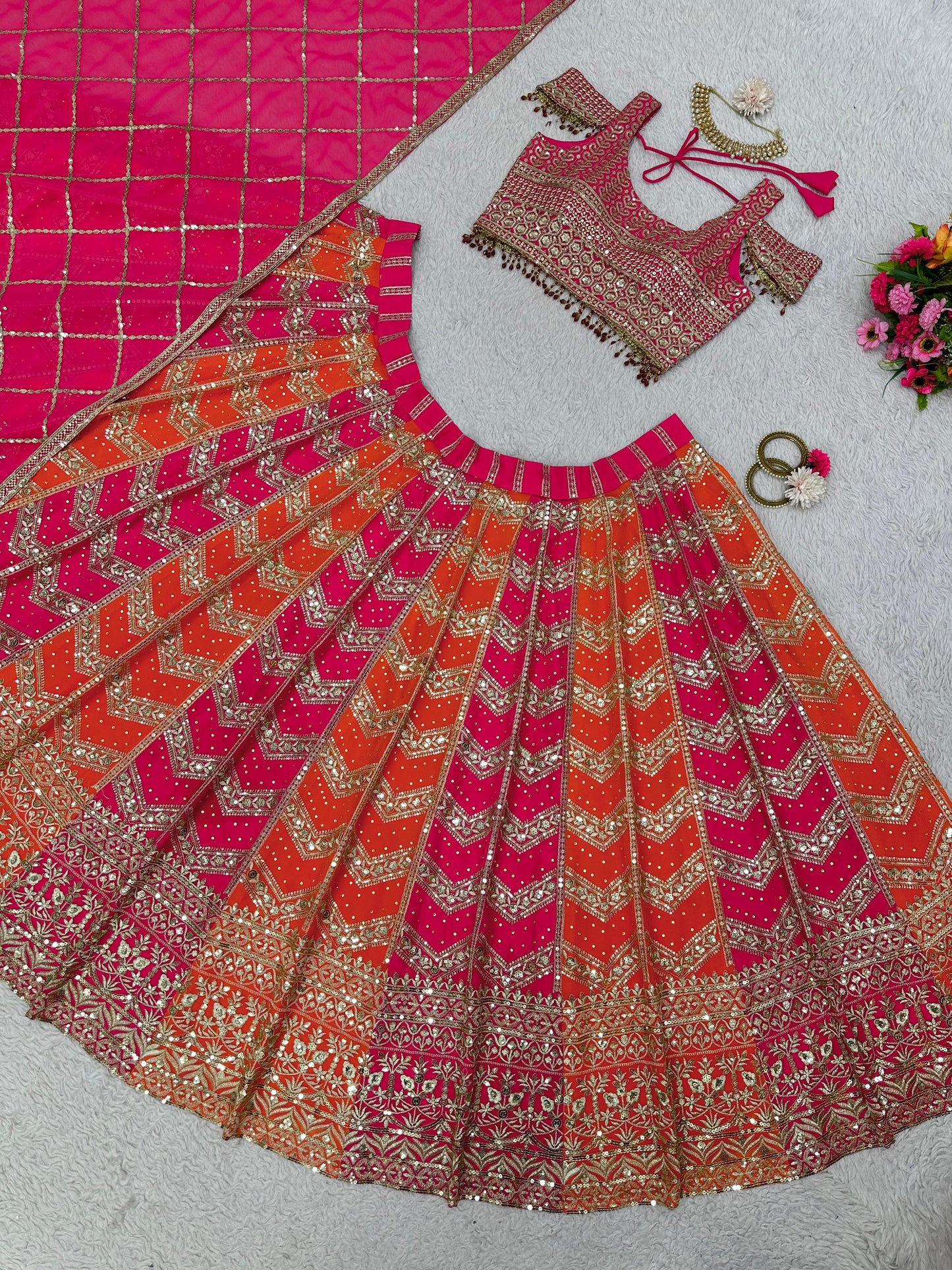 Pink Orange Color Georgette Sequence Work Wedding Wear Lehenga