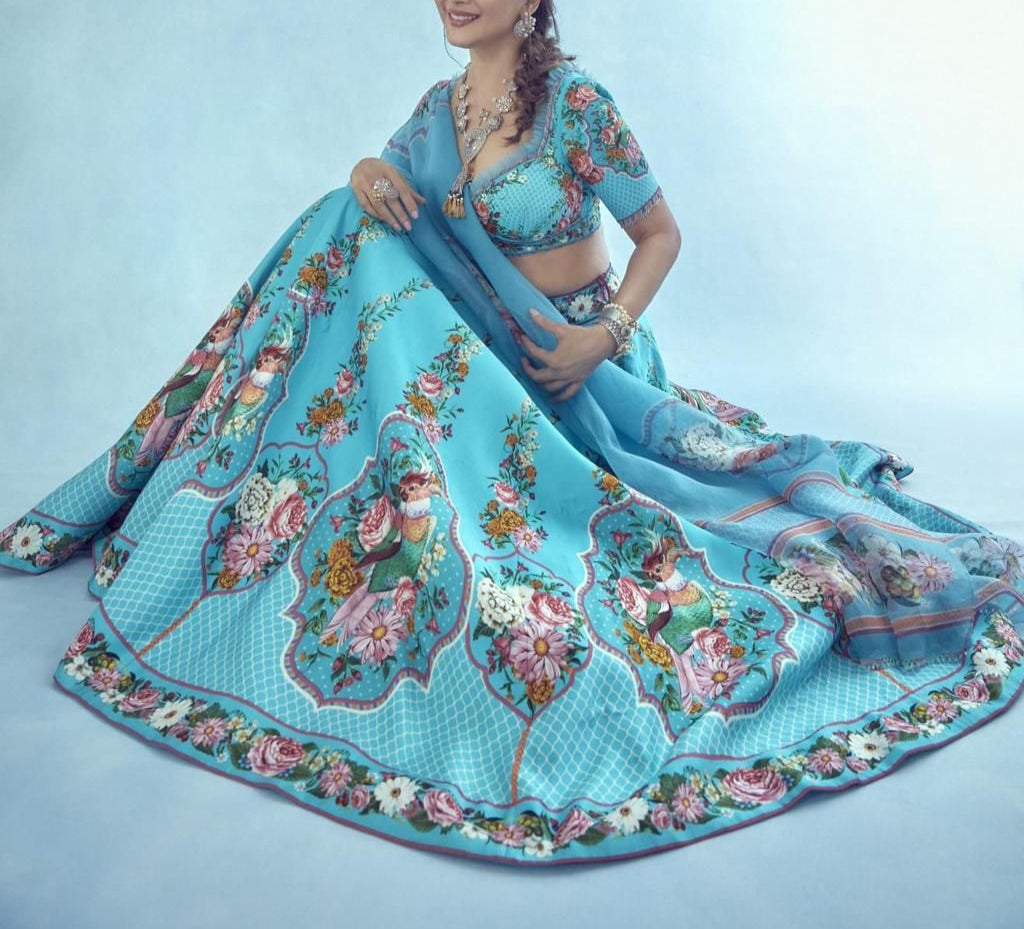Enamoring Light Blue Color Tapeta Silk Printed Design Lehenga Choli For Women