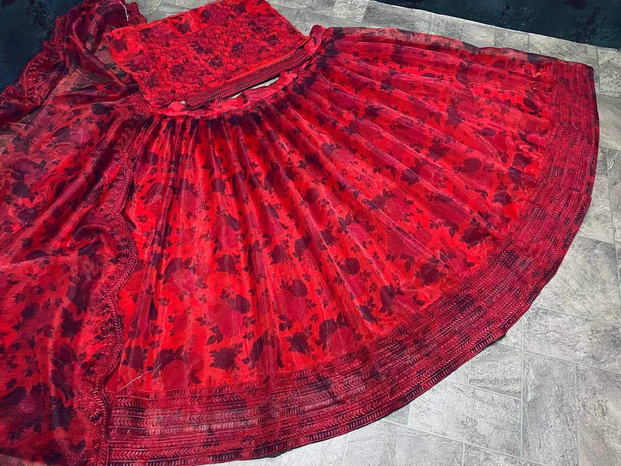 Imperial Red Color Organza Silk Embroidered Printed Work Lehenga Choli