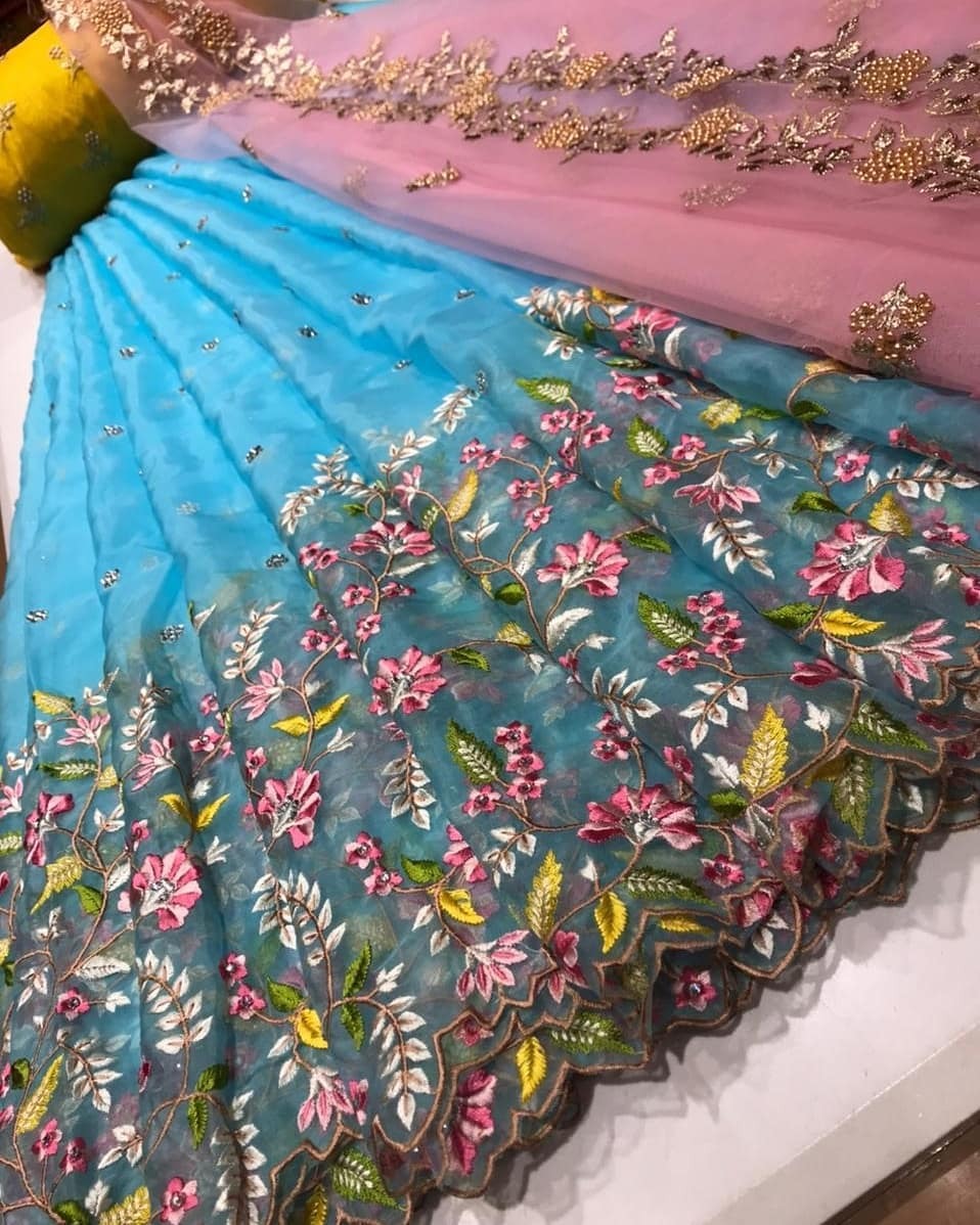 Flaunt Sky Blue Color Party Wear Organza Thread Stone Work Lehenga Choli