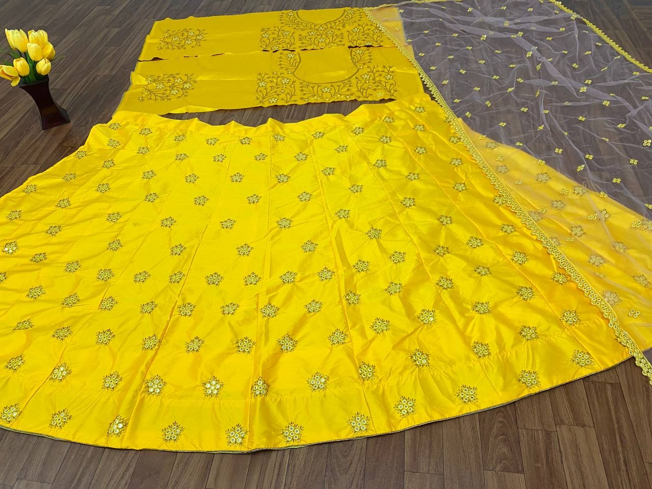 Appealing Yellow Color Satin Silk Sequence Work Lehenga Choli For Wedding Wear