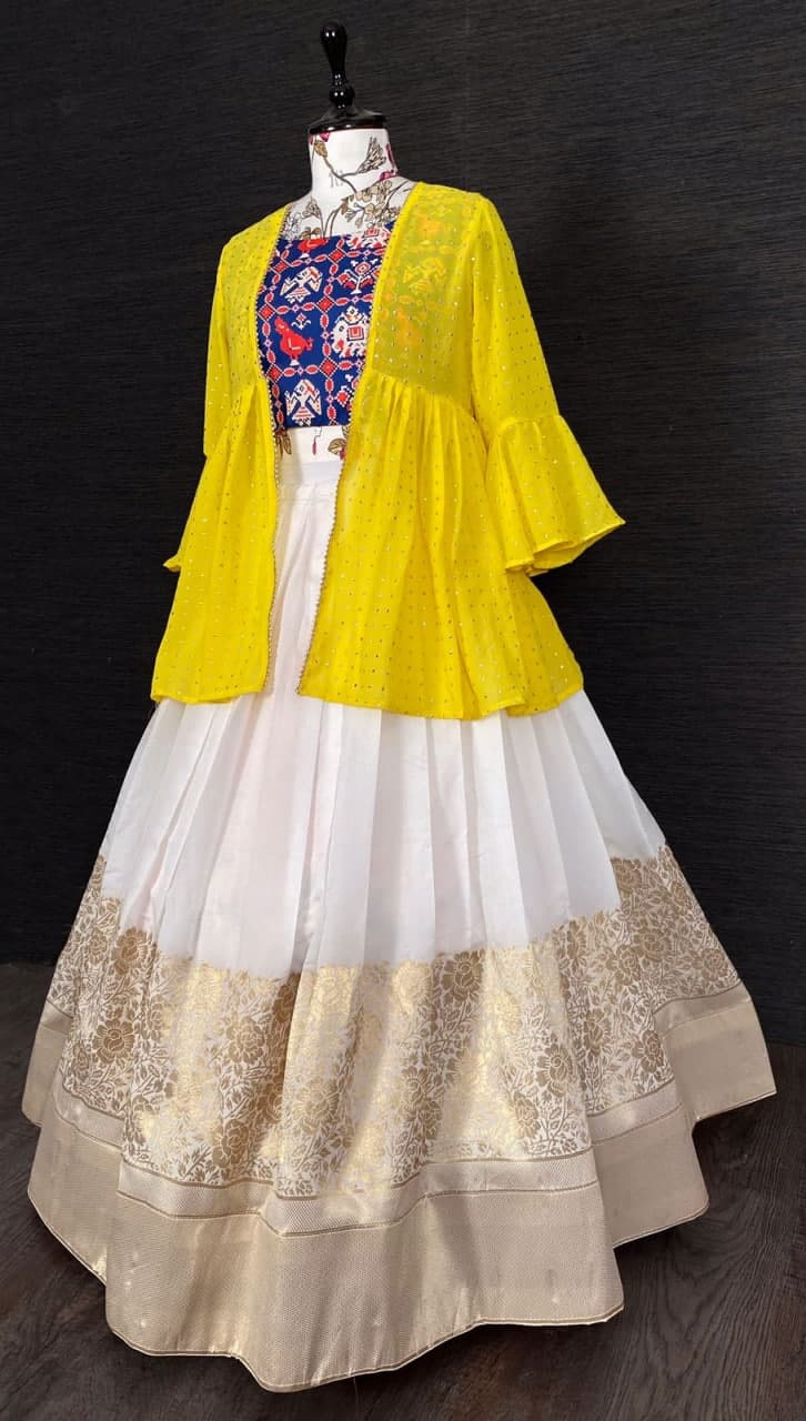 Dazzling Yellow Color Festive Wear Silk Banarasi Zari Work Indo Lehenga Choli