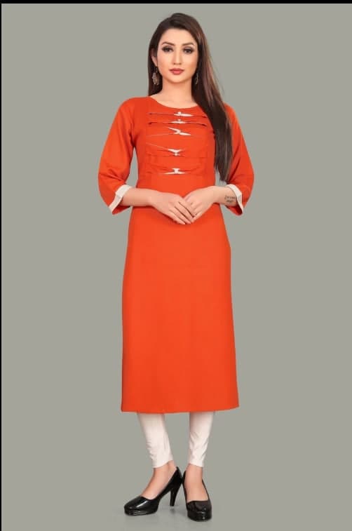 Orange Color Cotton Plain Ready Made Kurti For Girls
