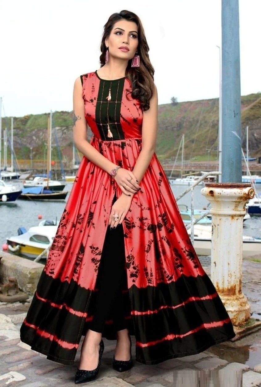 Wedding Wear Satin Silk Printed Readymade Gown