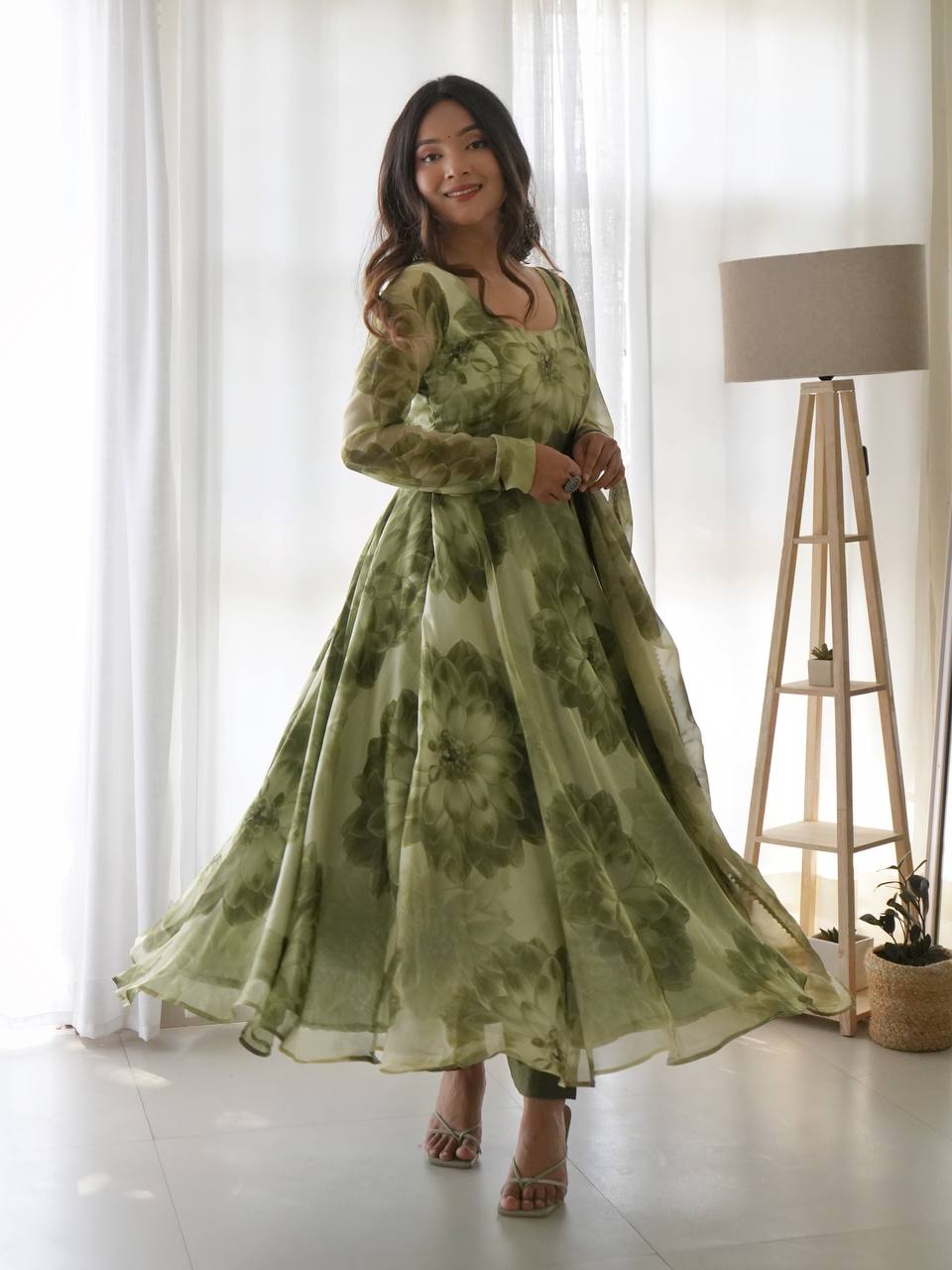 Mehendi Green Soft Organza Silk Printed Anarkali Gown Set Pant Dupatta