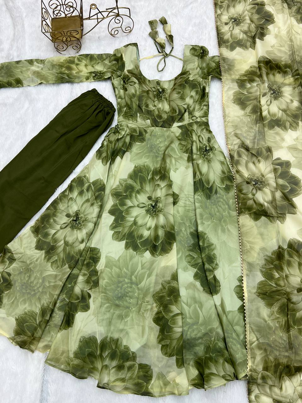 Mehendi Green Soft Organza Silk Printed Anarkali Gown Set Pant Dupatta