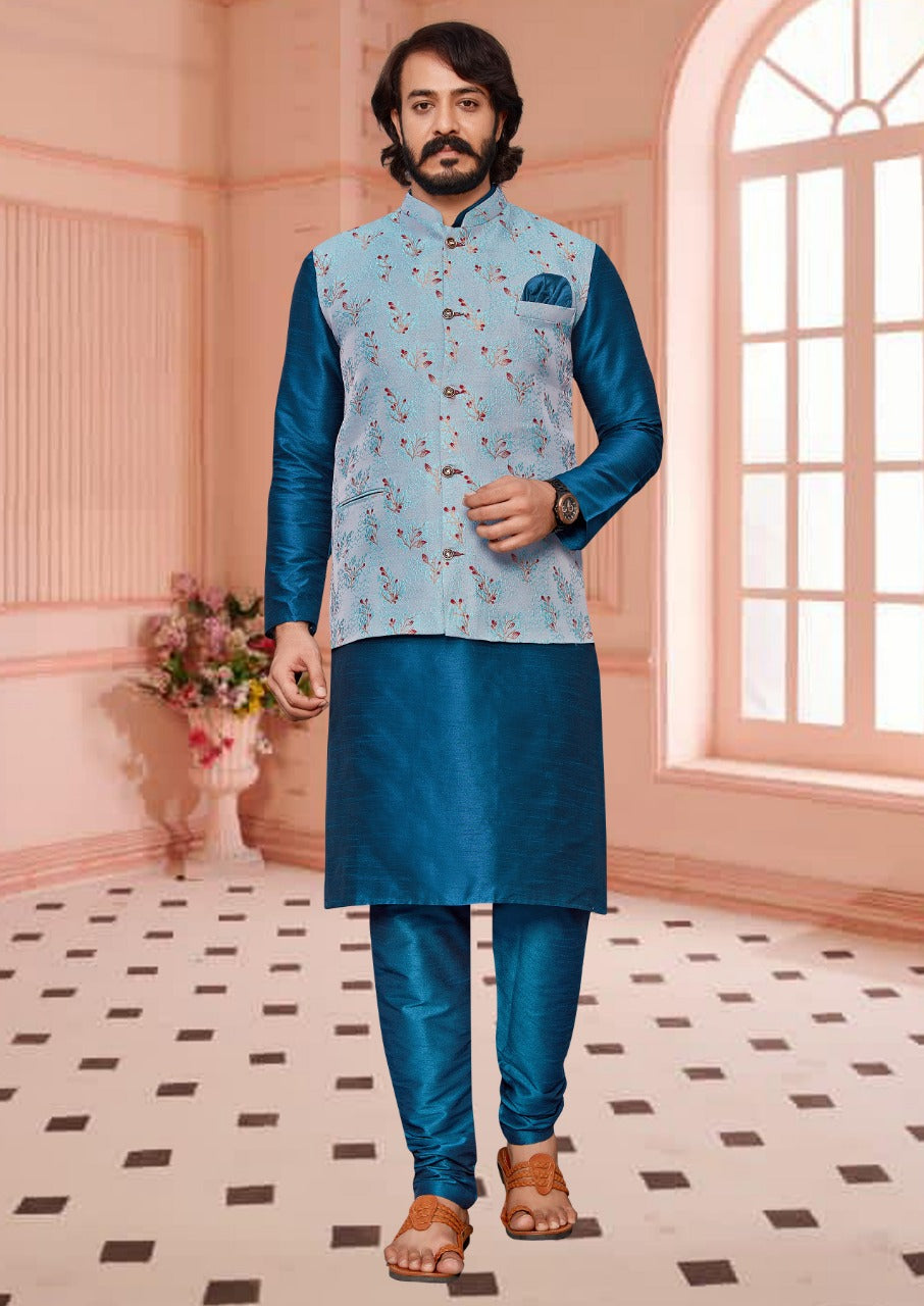 Men's Readymade Premium Kurta Pyjama Set with Jacquard Silk Jacket
