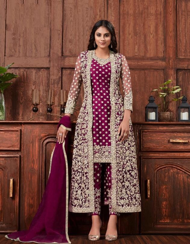 Trendy Magenta Color Net Stone Embroidered Work Salwar Suit For Women