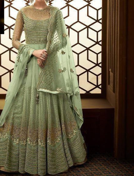 Lovable Green Color Net Diamond Embroidered Work Festival Wear Salwar Suit