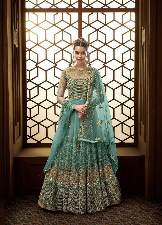 Striking Light Blue Color Embroidered Work Net Designer Salwar Suit For Ladies
