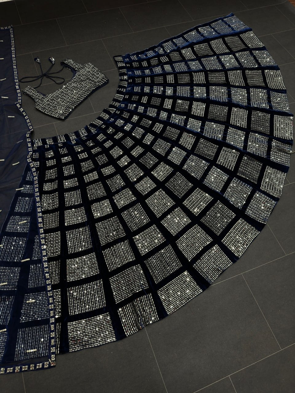 Navy Blue Soft Velvet Sequence Embroidered Designer Lehenga Choli