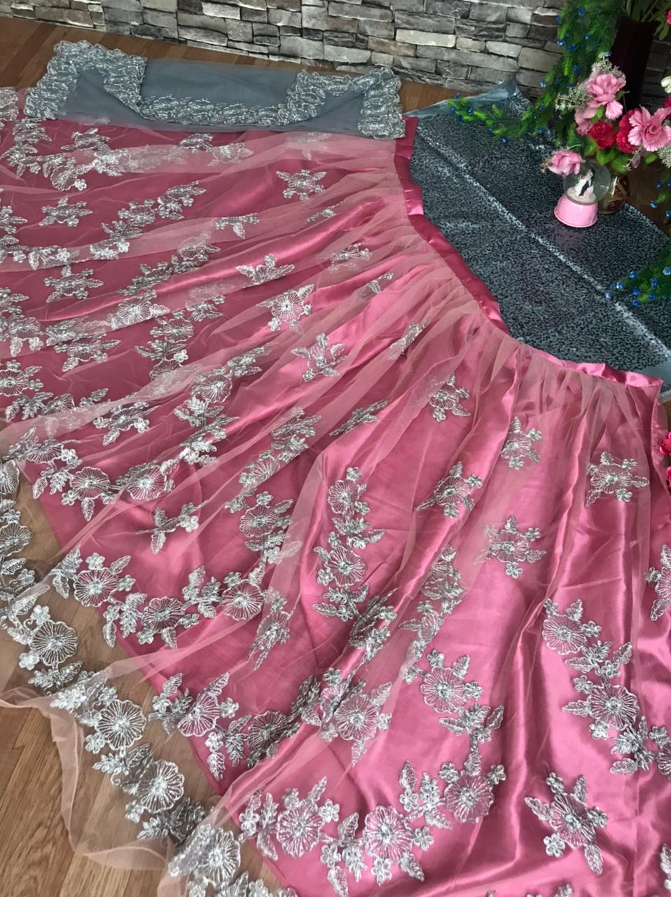 Gorgeous Pink Color Designer Silver Thread Sequence Embroidered Work Net Lehenga Choli