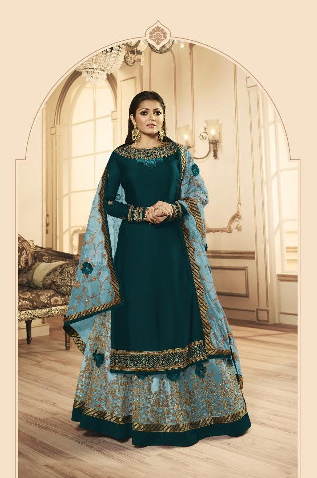 Glorious Satin Georgette Embroidered Semi Stitched Long Salwar Suit For Women