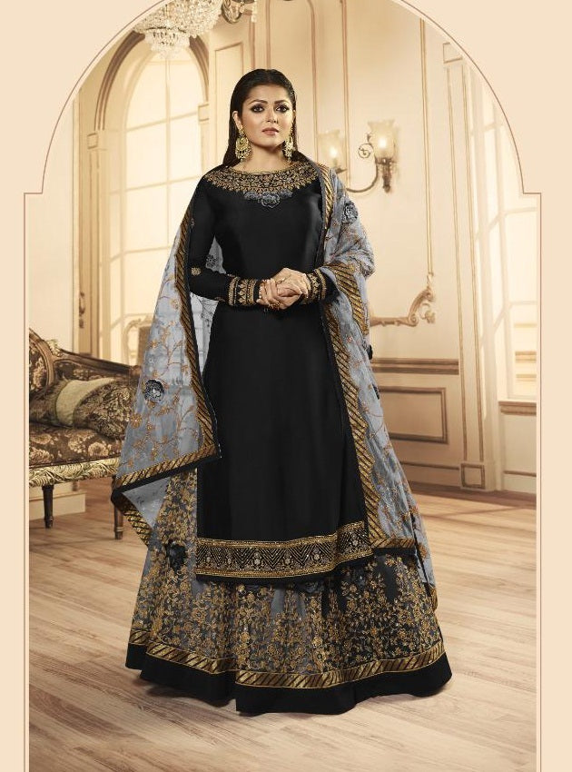 Glorious Satin Georgette Embroidered Semi Stitched Long Salwar Suit For Women