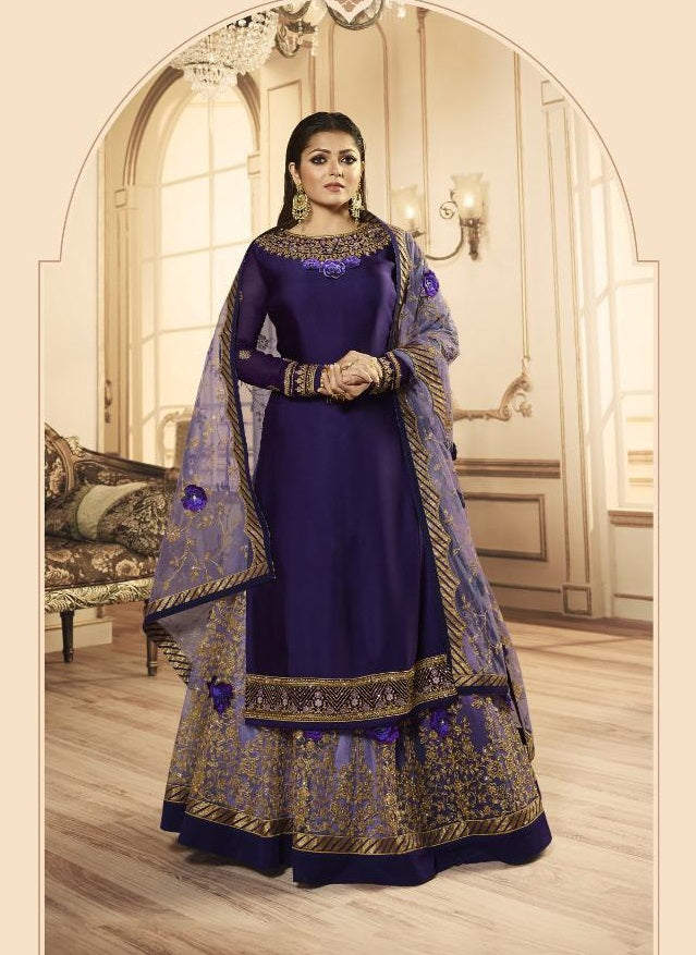 Glorious Satin Georgette Embroidered Semi Stitched Long Salwar Suit For Women