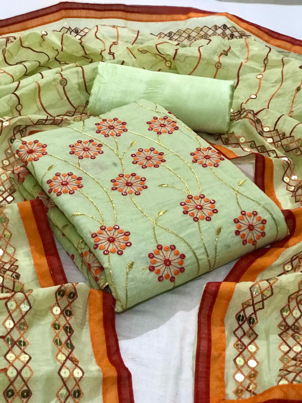 Decent Chanderi Multi Sequence Work Party Wear Salwar Suit