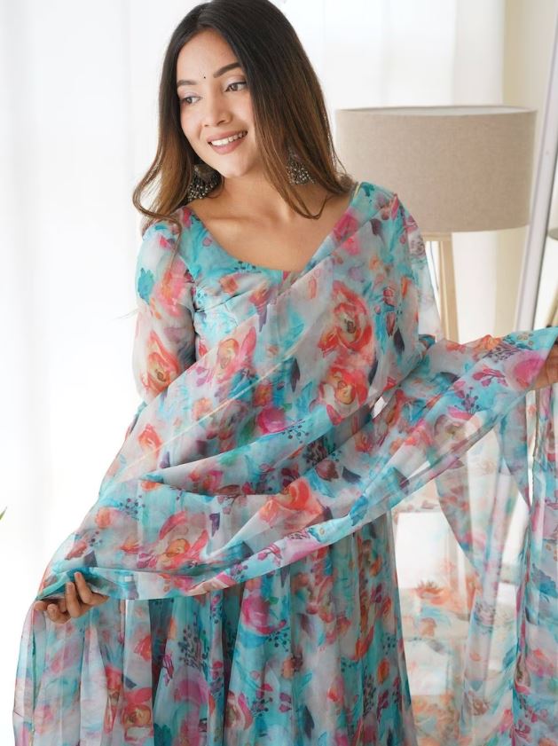 Firozi Soft Organza Silk Printed Anarkali Gown Set Pant Dupatta