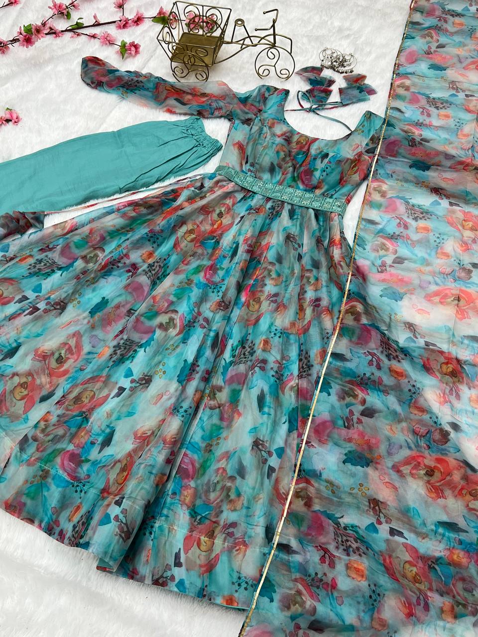 Firozi Soft Organza Silk Printed Anarkali Gown Set Pant Dupatta