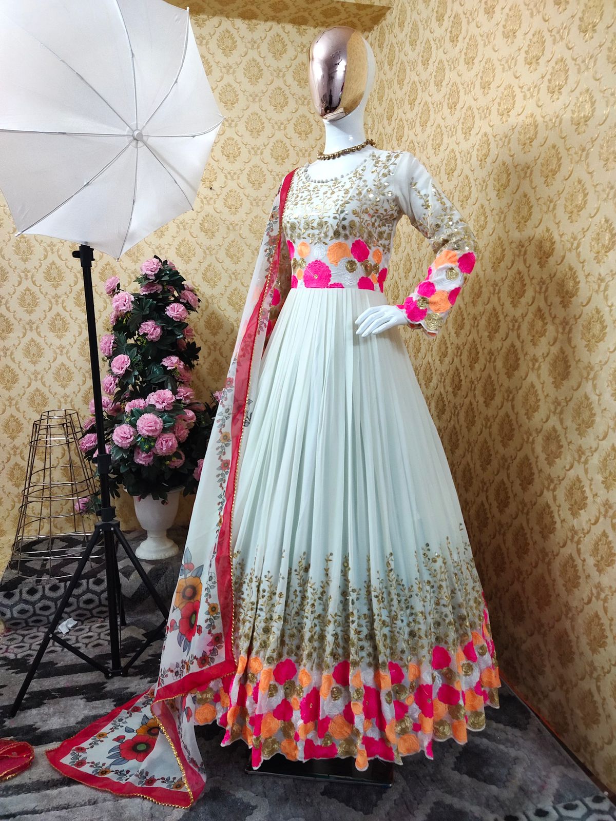 Beautiful Georgette Thread Embroidered & Sequence Work Full Stitched Gown