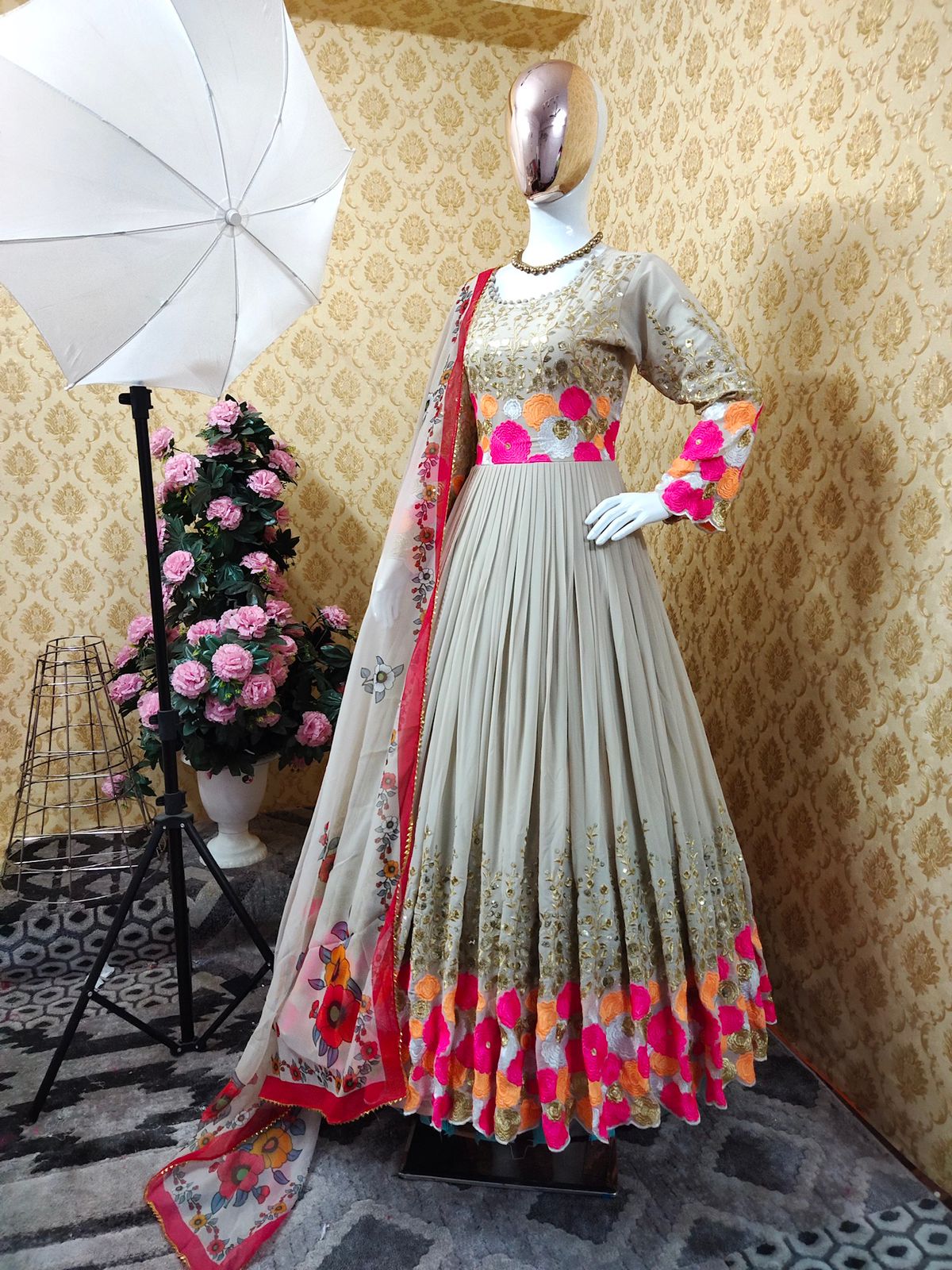 Beautiful Georgette Thread Embroidered & Sequence Work Full Stitched Gown