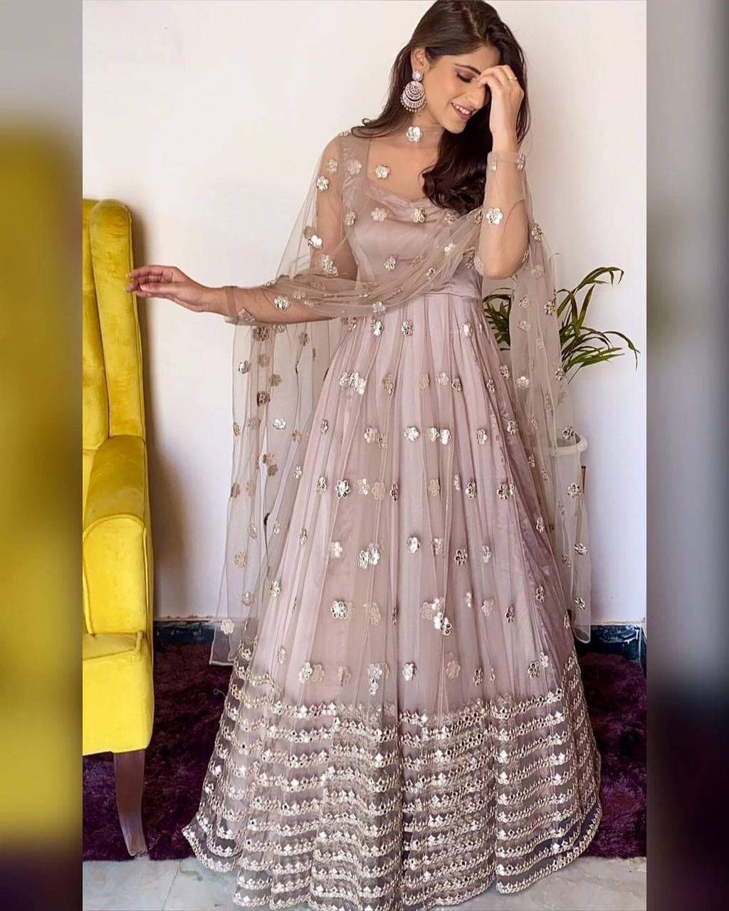 Fantastic Beige Color Net Designer Mirror Embroidered Work Lehenga Choli