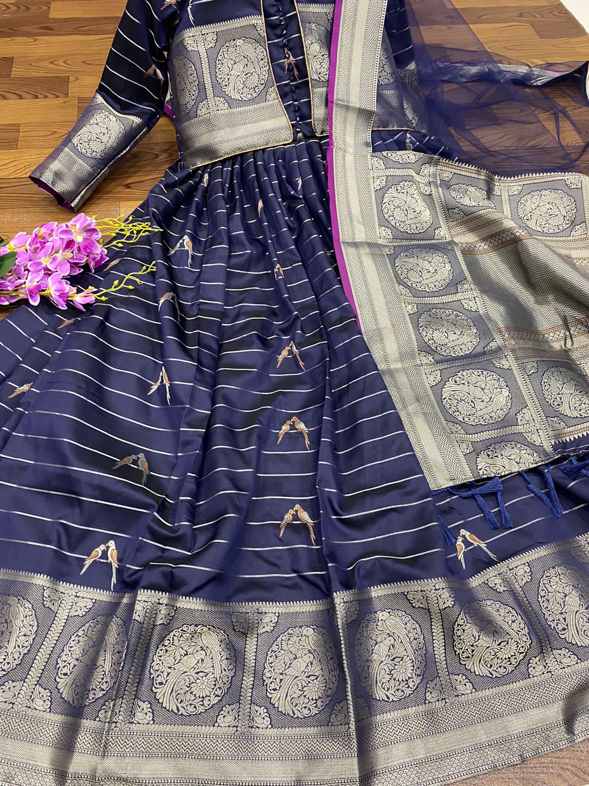 Prodigious Blue Color Party Wear Banarasi Silk Weaving Work Gown Dupatta