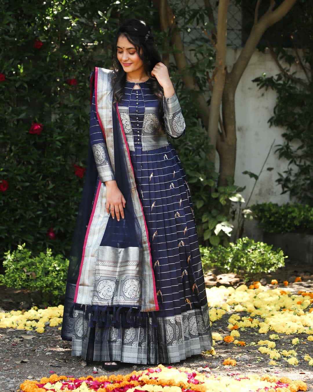 Prodigious Blue Color Party Wear Banarasi Silk Weaving Work Gown Dupatta