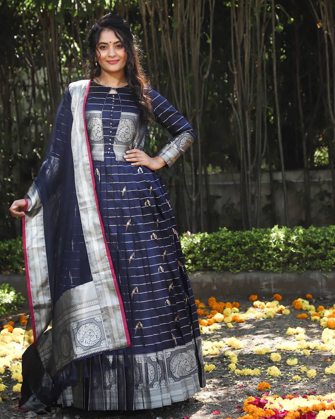 Prodigious Blue Color Party Wear Banarasi Silk Weaving Work Gown Dupatta