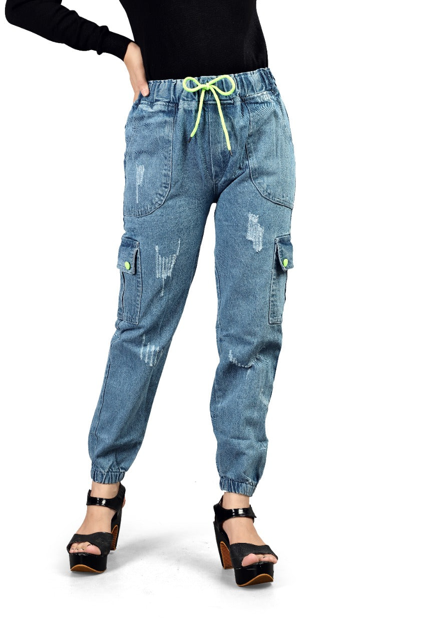 Attractive Light Blue Color Ready Made Denim Cargo Jeans For Girls
