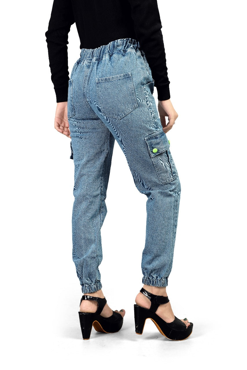 Attractive Light Blue Color Ready Made Denim Cargo Jeans For Girls