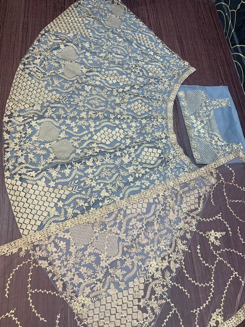 Mind-blowing Grey Color Festival Wear Net Chine Stitched Work Lehenga Choli