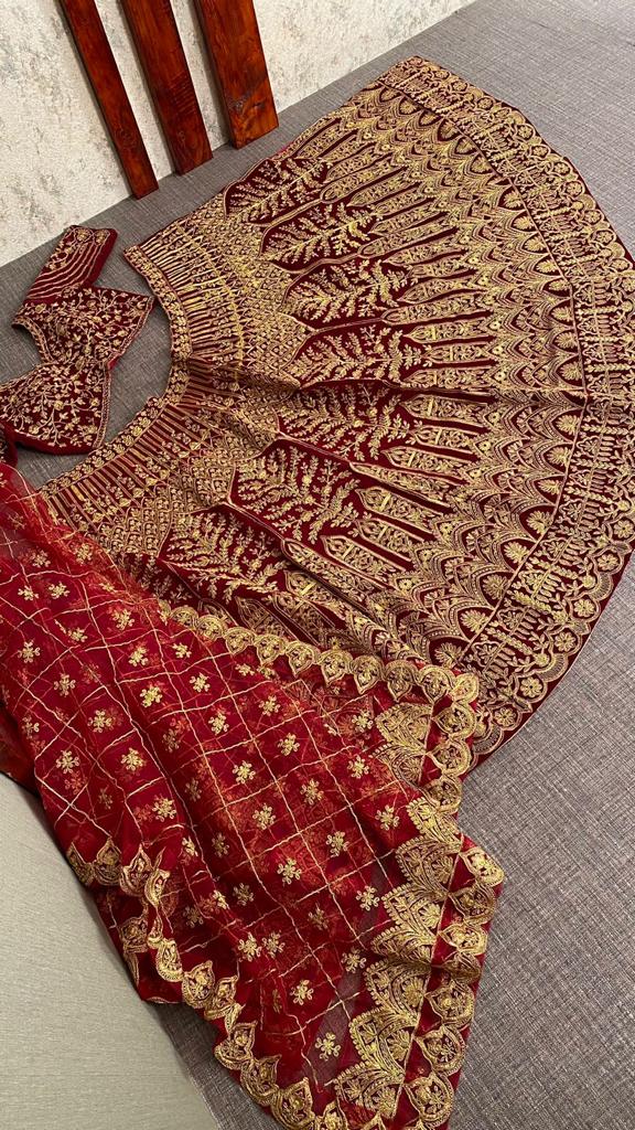 Unique Maroon Color Velvet Thread Work Lehenga Choli For Wedding Wear