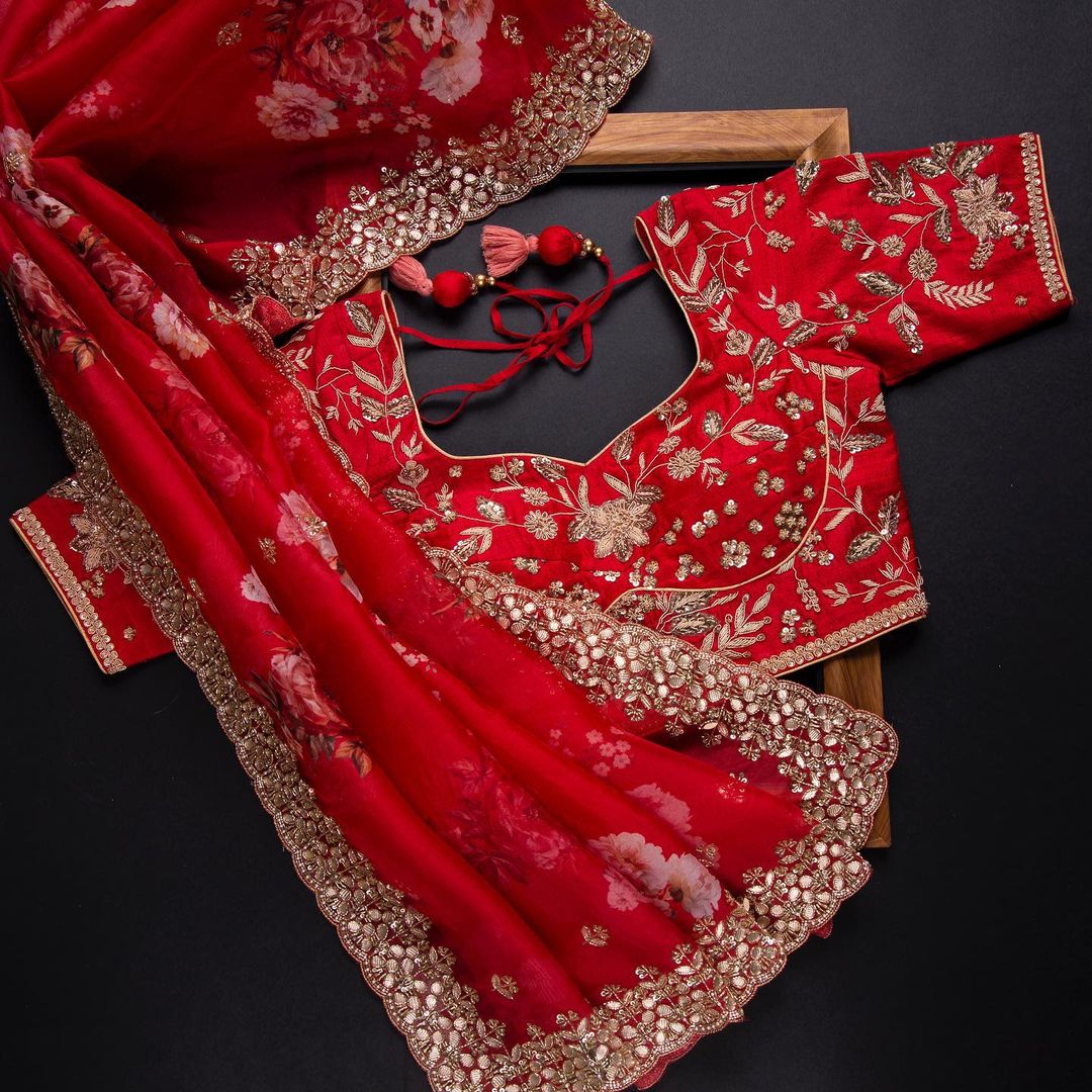 Adorable Red Color Printed Sequence Work Art Silk Festival Wear Saree Blouse