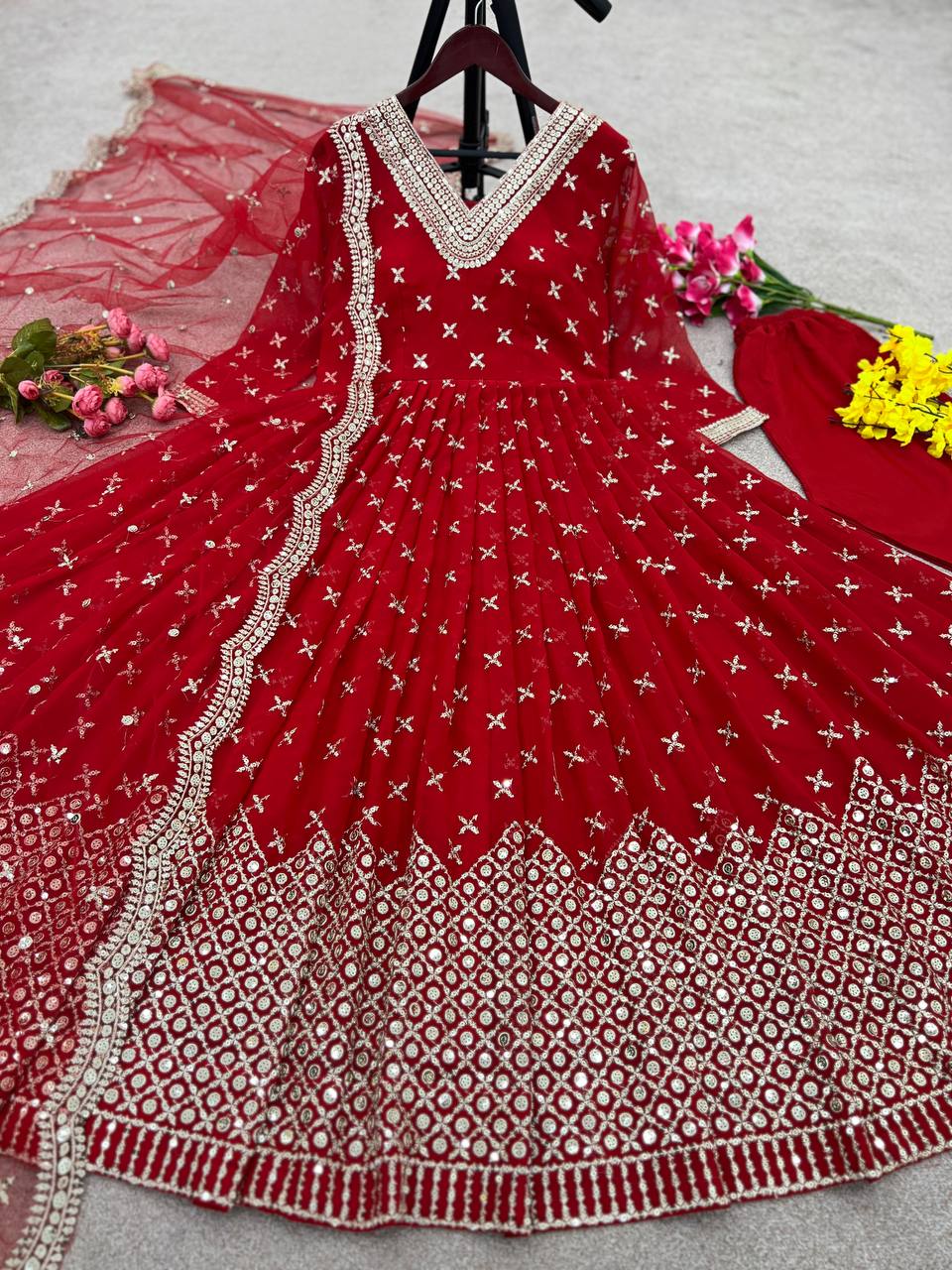 Red Color Gerogette Wedding Wear Designer Gown