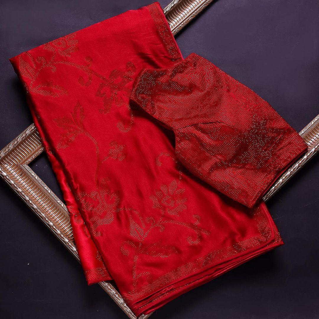 Pretty Red Color Party Wear Georgette Designer Hot Fix Diamond Work Saree Blouse For Ladies
