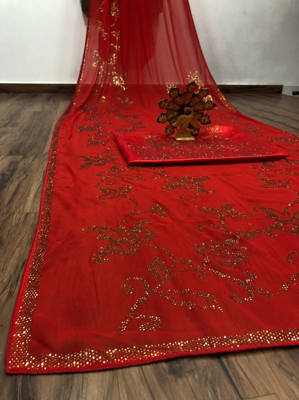 Pretty Red Color Party Wear Georgette Designer Hot Fix Diamond Work Saree Blouse For Ladies