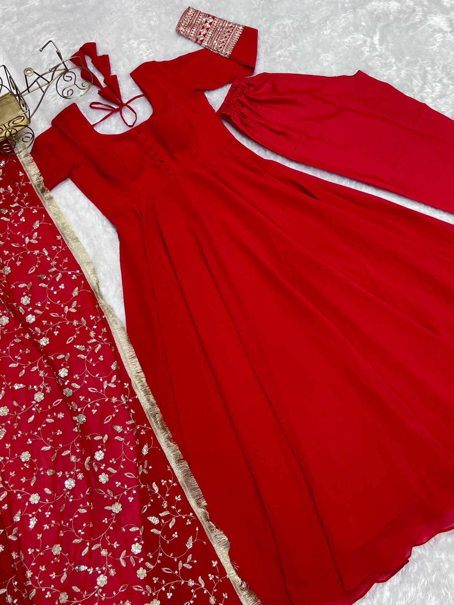 Red Color Faux Georgette Full Stitched Gown with Full Work Dupatta