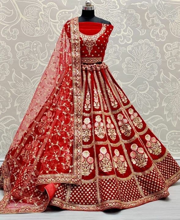 Exclusive Red Color Diamond Sequence Work Festive Wear Velvet Lehenga Choli