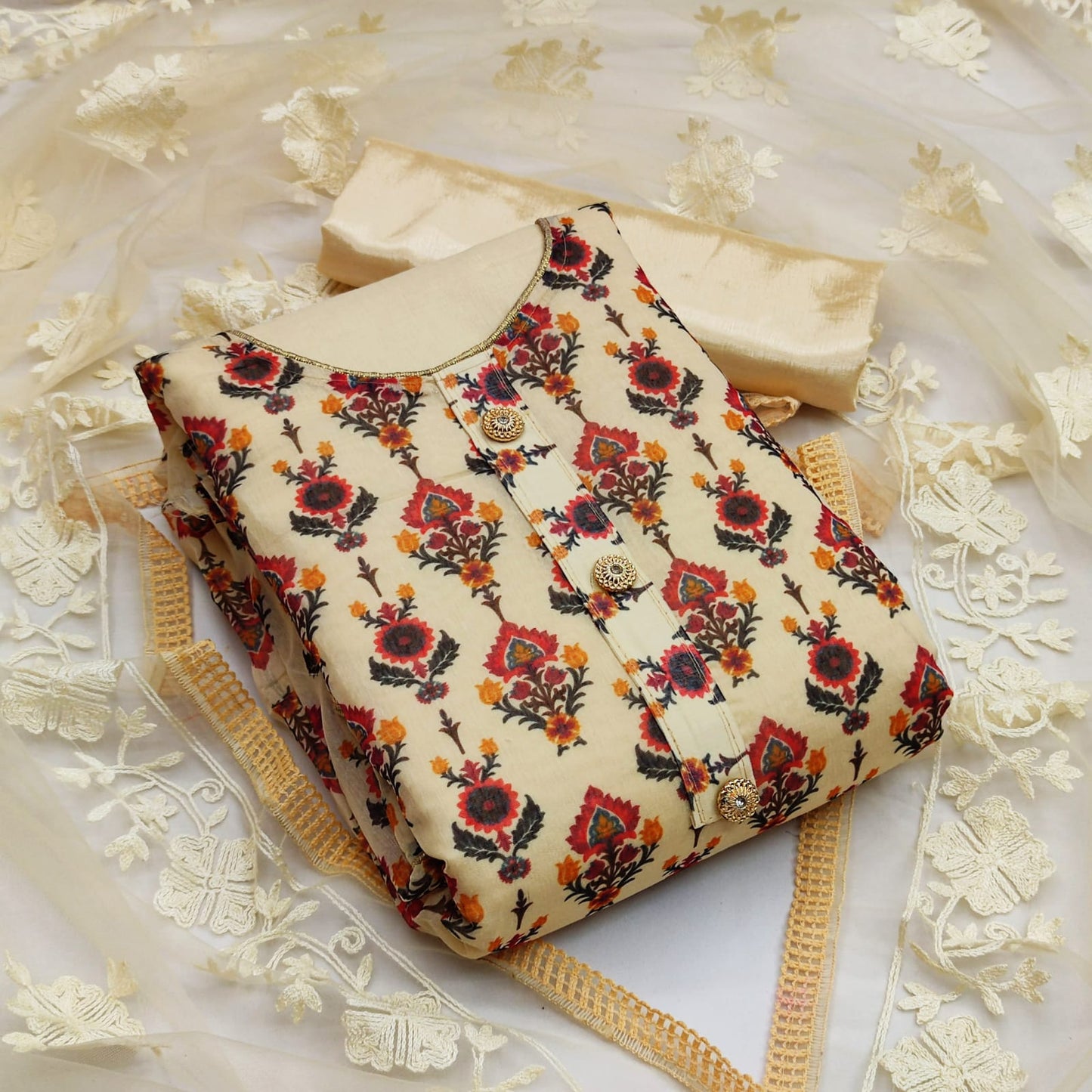 Elegant Cream Color Chanderi Printed Work Party Wear Salwar Suit