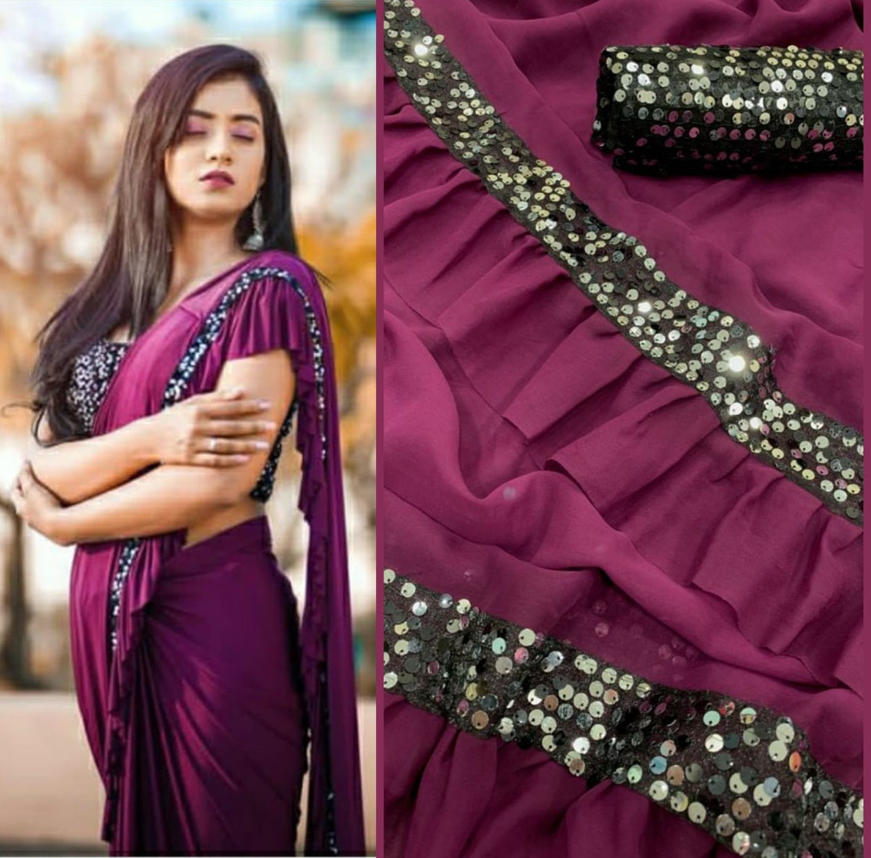 Ruffle Pattern Georgette Sequence Work Saree Blouse