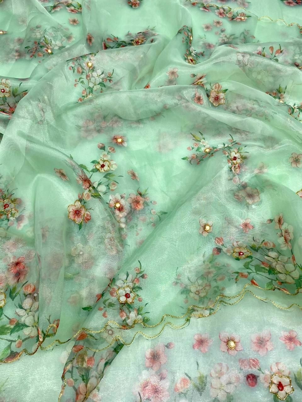 Party Wear Organza Silk Digital Print Hand Work Saree Blouse