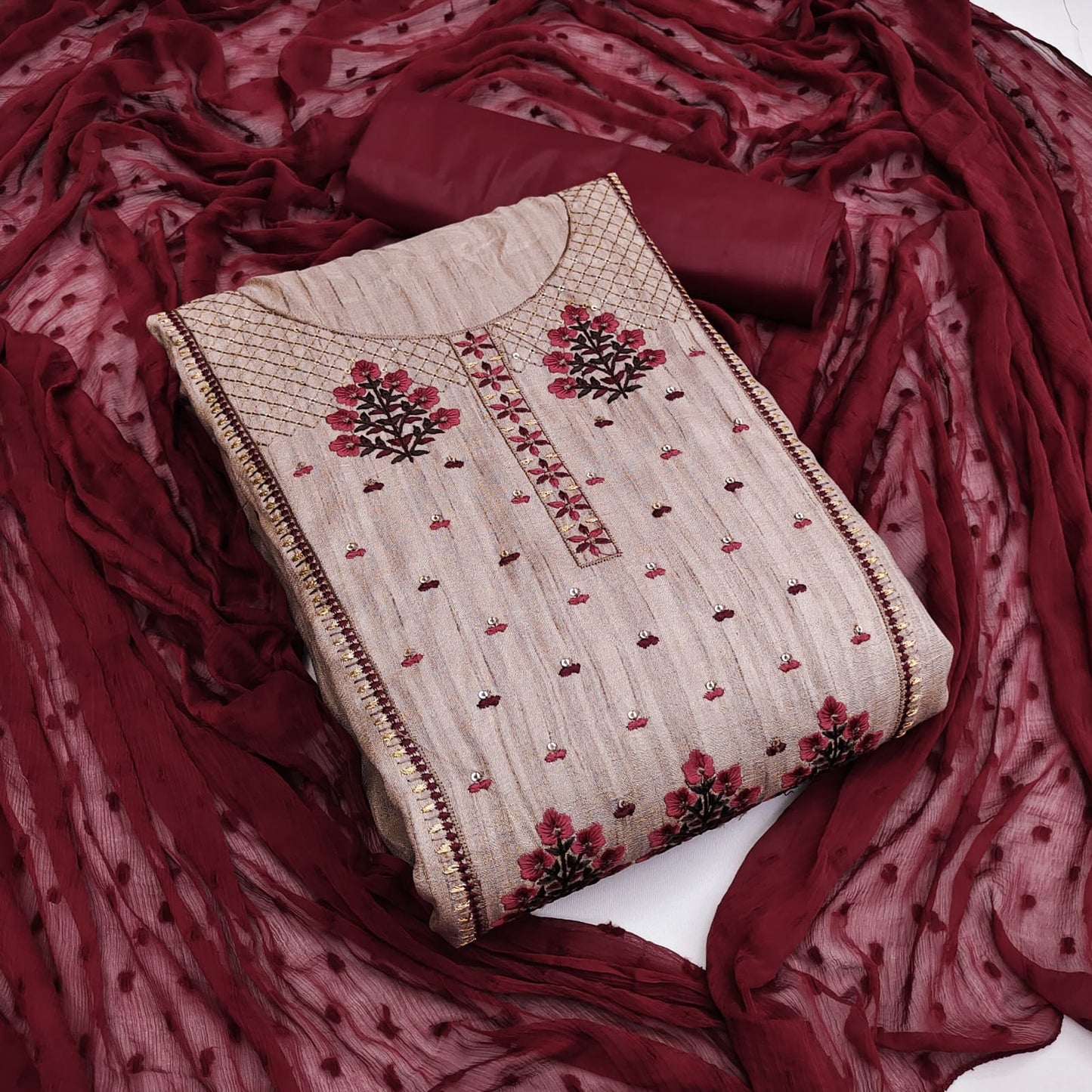 Phenomenal Maroon Color Art Silk Embroidered Work Party Wear Salwar Suit